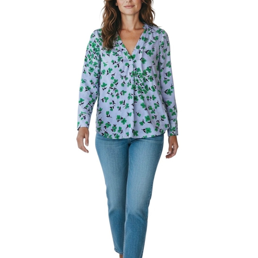 Ann Taylor Blue Green Floral V-Neck Blouse Long Sleeve Button Cuff Medium